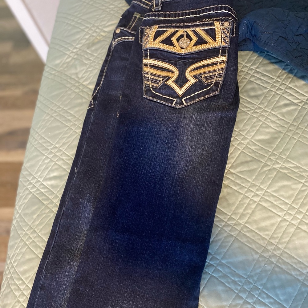 Classic Blue Bootcut Jeans with Ornate Stitching